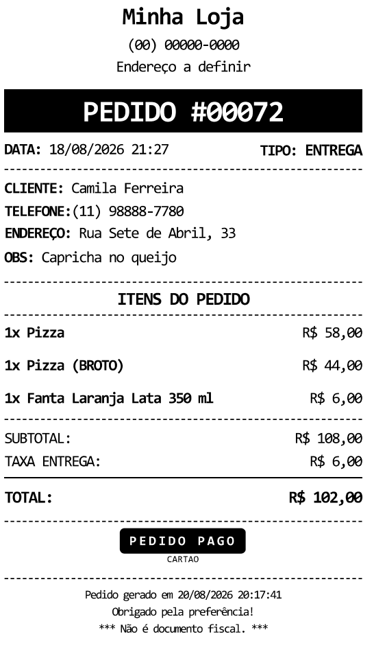 Comanda impressa pelo Willo com os itens do pedido
