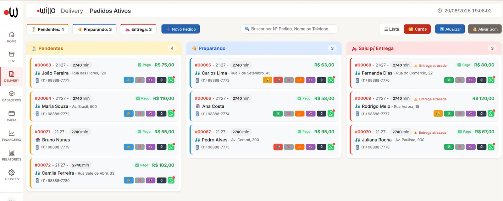 Painel de Pedidos Ativos do Willo em modo Cards, organizado por Pendentes, Preparando e Saiu para Entrega