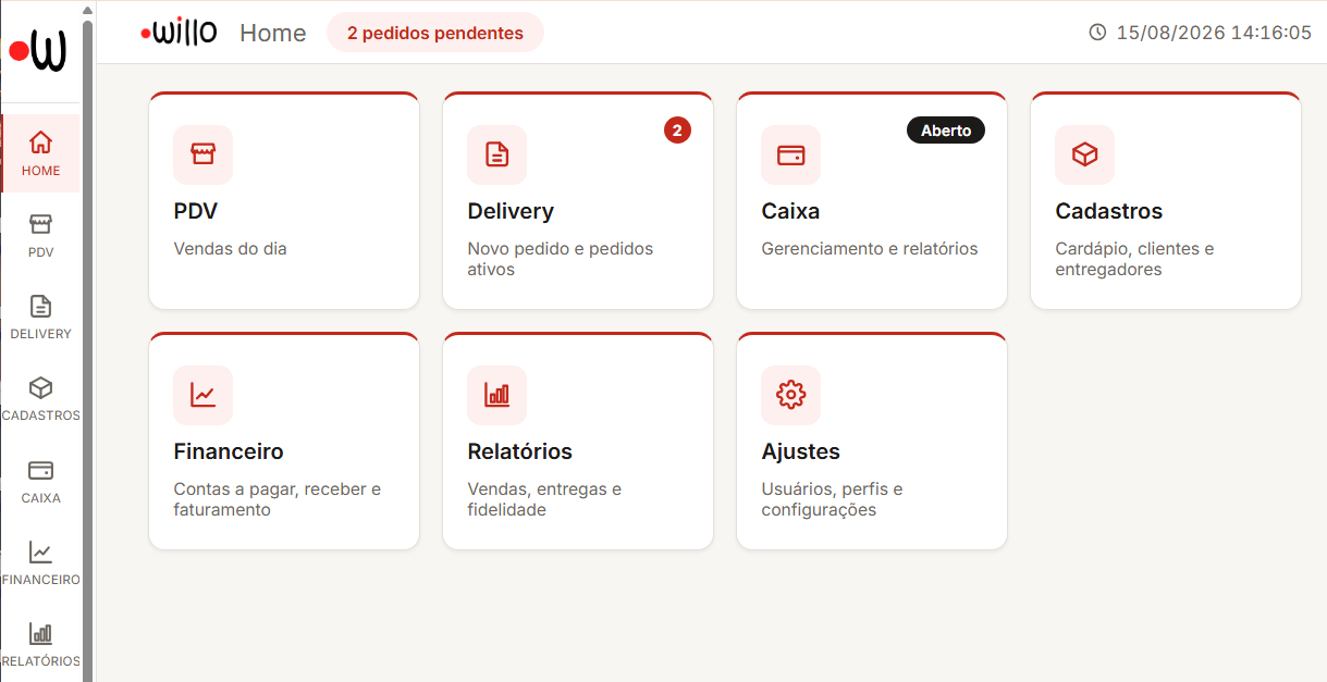Painel administrativo do Willo, com atalhos para PDV, Delivery, Caixa, Financeiro e Relatórios